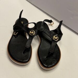 Michael Kors Black Leather MK Logo Thong Sandals with Gold Hardware